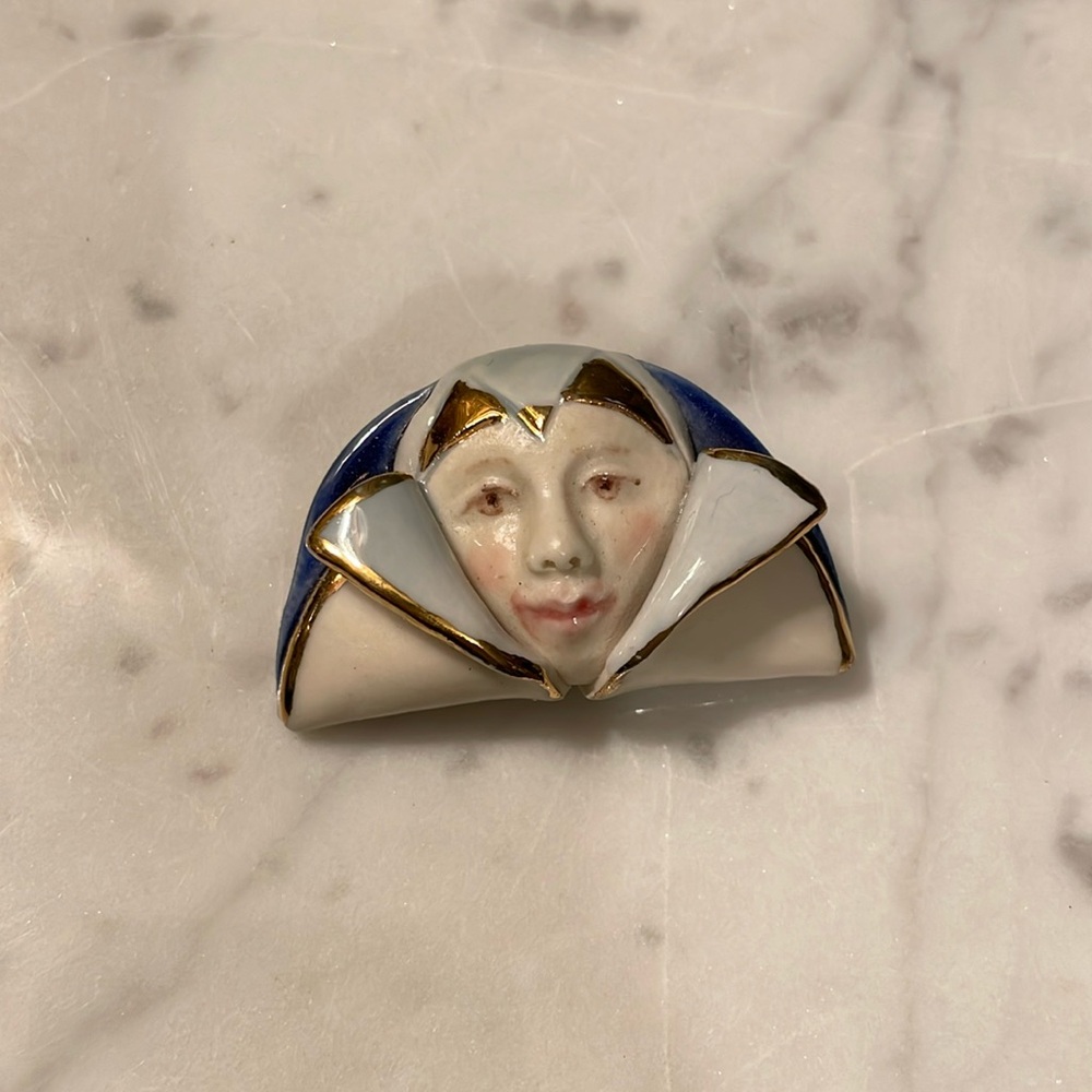 Vintage porcelain art deco harlequin brooch pin  , signed GL.  1980’s